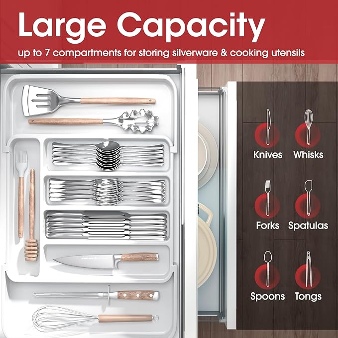 Aujen Silverware Organizer - Expandable Kitchen Drawer Organizer, Adjustable Utensil Organizer, Cutlery Tray for Forks, Knives, Multipurpose Kitchen Organizers and Storage Solution, White, Medium