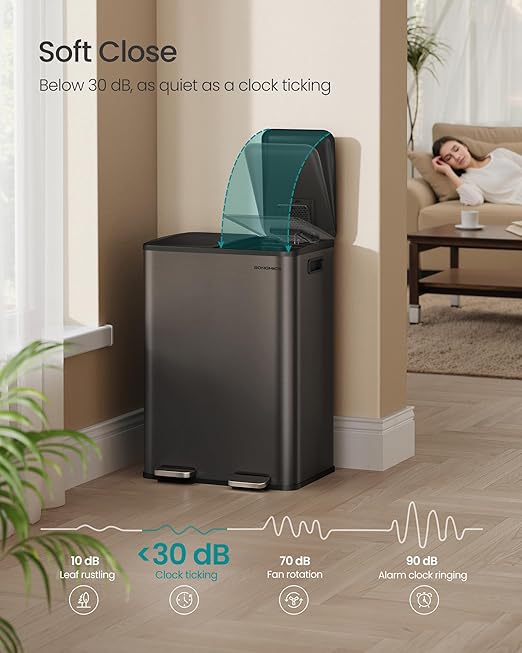 SONGMICS Trash Can, 2 x 8 Gallon (2 x 30 L) Dual-Compartment Garbage Can with Soft-Close Lid, Pedal and Inner Buckets, Stainless Steel, Includes 15 Liner Bags, Slate Gray ULTB741G01