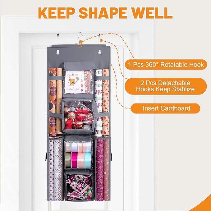 Hanging Gift Wrapping Paper Storage, 40x16 inch Double-Sided Gift Wrap Organizer Christmas Wrapper Paper Container, Heavy Duty Oxford Bag Gift Holder