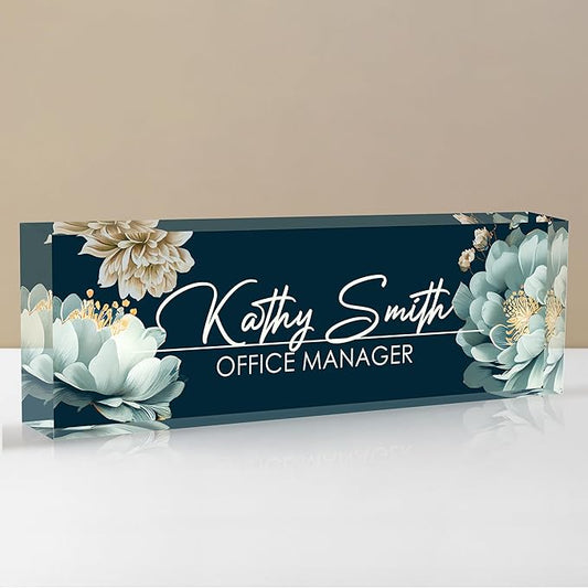 Personalized Name Plate for Desk, Custom Desk Name Plate, Acrylic Name Plate Office Desk Accessories, Personalized Office Gifts for Coworkers Teachers, Employee Appreciation Gifts (B-White Flower)