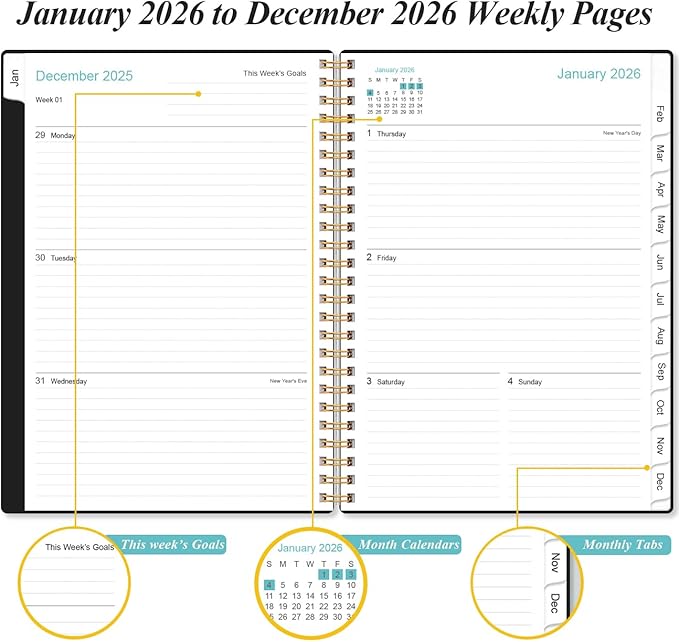 2026 Planner - Weekly and Monthly Calendar Planner from Jan 2026 - Dec 2026, Planner 2026 Spiral Bound with 12 Monthly Tabs, Inner Pocket, Perfect for School Office Supplies, 6.4" x 8.5", Black