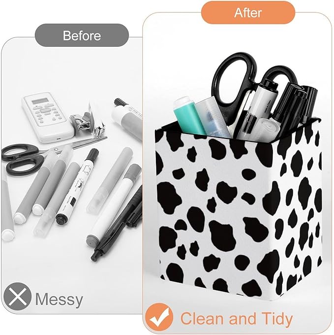 Square Pen Holder & Pencil Organizer for Desk - Office Storage Organizer, Markers/Makeup Brushes/Scissors Holder, Compact Desk Decor Accessories for Home Classroom School(Cows Print)
