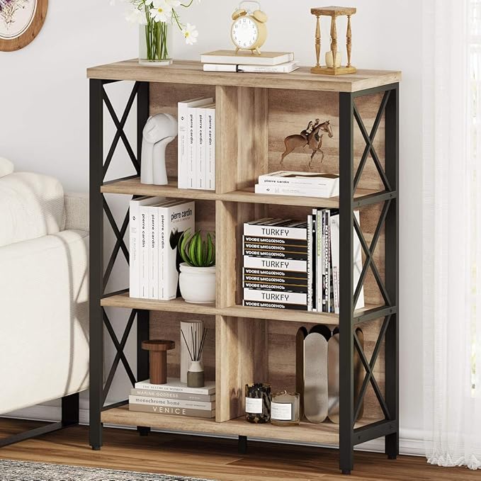 FATORRI 6 Cube Storage Organizer Shelf, Wood and Metal Cubby Bookcase, Industrial 4 Tier Cube Bookshelf (Rustic Oak)
