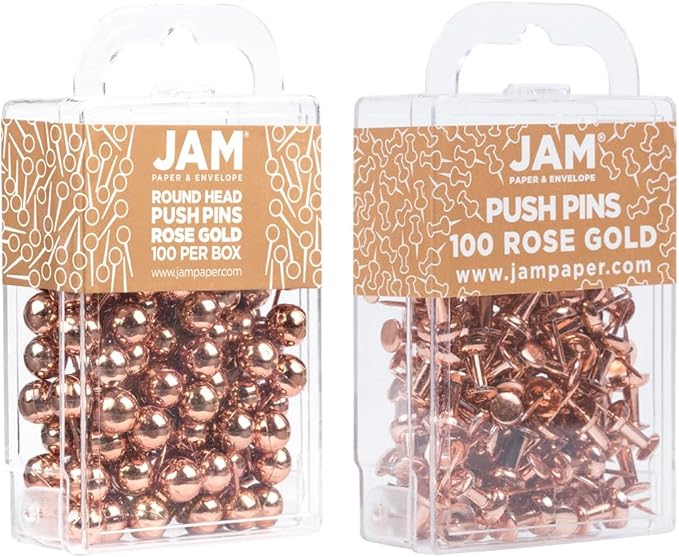 JAM PAPER Colorful Push Pins - Flat & Round Head Thumb Tack Combo Set - Rose Gold Pushpins - 200/Pack
