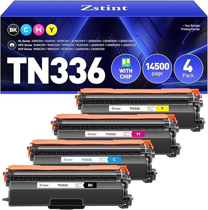 TN336 Toner Cartridge 4-Pack High Yield with Chip Replacement for Brother TN-336 Toner Cartridges Compatible with Brother HL-4150CDN L8250CDN MFC-9460CDN L8850CDW DCP-9055CDN 9270CDN L8400CDN Printer
