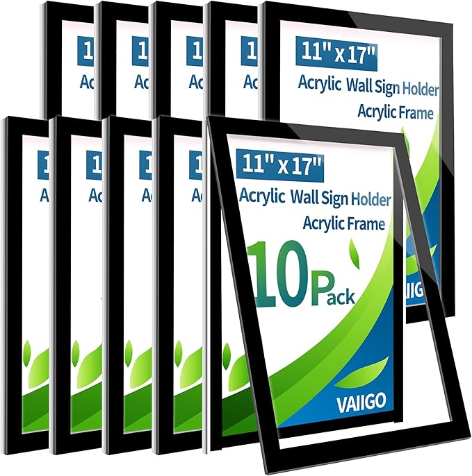 Acrylic Magnetic Sign Holder Wall Mount, Self Adhesive Magnetic Display Frame with Nano Tape and Strong Magnetic Border for Wall, Door, Glass, Home, Store, Office (Black, 11" x 17" / 10 Pack)