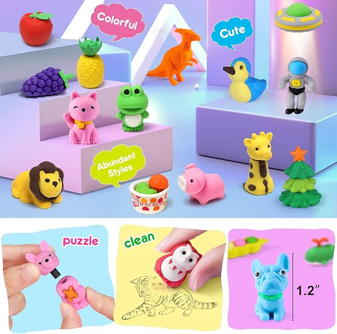 Arscniek 140 Pack Animal Erasers for Kids, Take Apart Mini Pencil Erasers, Desk Pets & Treasure Box Toys, Bulk Party Favors, Stocking Stuffers, Classroom Prizes, School Supplies, Gift for Boys & Girls