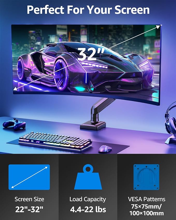 Single Monitor Mount for 32 27 24 22 inch Screen, Gas Spring Arm Holds 4.4-22 lbs, Monitor Desk Mount, Gaming & Home Office Use, VESA 75x75mm & 100x100mm, Freelift Pro Black