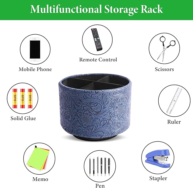 lizimandu Round Leather Art Supply Organizer,Remote Control Holder,360 Degree Spinning,Multi-Functional Pencil Holder,4 Compartments Desktop Stationary Organizer(1-Carved Dark Blue)