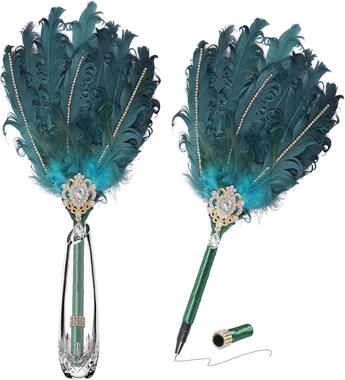CROWN GUIDE Luxury Feather Quill Pen with Shiny Rhinestones & Curled Goose Feathers- Wedding Guest Book Pen, Great Gatsby/HP Party Supplies, Bridal Shower Gift with Rose Gold Heart Charm (13.8",Gold)