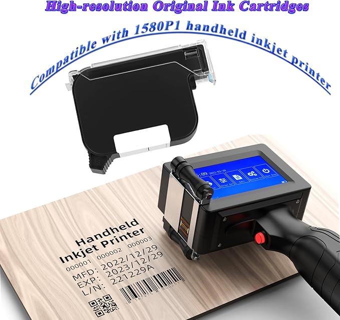 Original Ink Cartridge for 1580P1 Handheld Inkjet Printer, Quick-Drying Ink Replacement 42ml, Black Inkjet Ink Cartridge for Handheld Printer, Inkjet Coder Cartridge for Various Materials