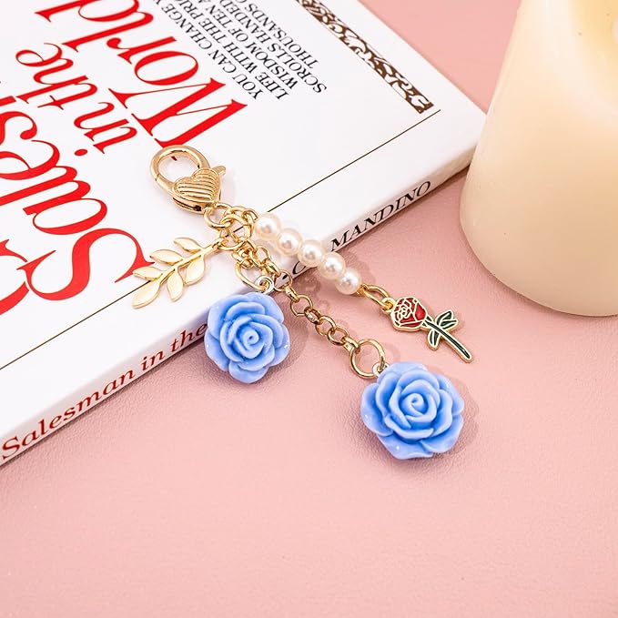 Rose Purse Charms Cute Flower Keychain With Heart Sticker Charm Chain For Kindle Colorful Bag Charms For Handbags