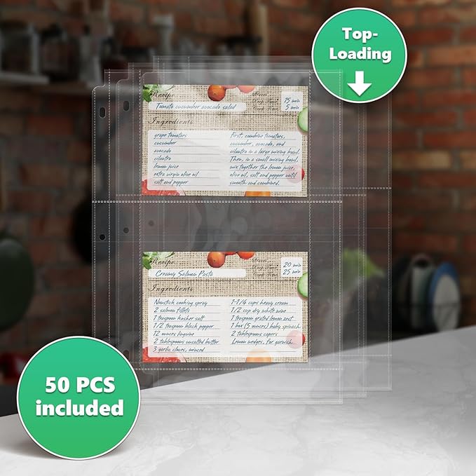 Full Size 4x6 for 8.5x11 Pack of 50 Recipe Card Protectors Top-Loading Crystal Clear Recipe Card Sleeves with 2 Pockets for 3 Ring Binder, Plastic Index Card Protector for Kitchen Cookbook