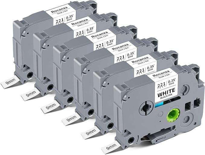 TZe-221 TZ Tape 9mm 0.35 Laminated White Compatible with Brother Label Maker Tape TZe-221 PTouch 3/8" Work with Brother PTouch D220 PTD210 PTH110 PTH111 PTP710BT PTD400 Cube, 6-Pack