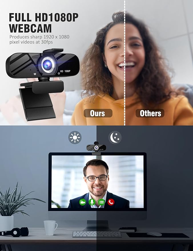 1080P Webcam with Microphone and Rotatable Tripod Wide Angle Camera for Desktop PC or Laptop Computer,Plug and Play, for Zoom/Skype/Teams, Conferencing and Video Calling