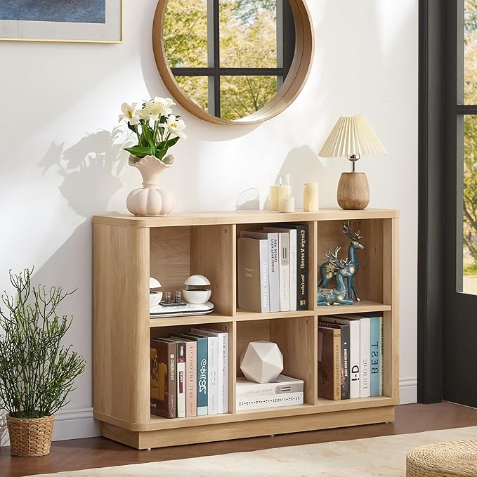 6 Cube Storage Book Shelf, 40" Wide Low Horizontal Bookcase with Curved Edge, Floor Standing 2-Tier Wooden Bookshelf with Base, Modern Short Book Case for Bedroom, Study, Entryway, Natural Oak