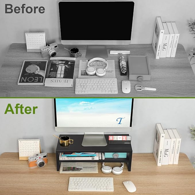 TEAMIX 2 Tiers Wooden Desktop Monitor Stand Riser 20 Inch Printer Stand with Double Storage Small TV Riser Laptop Keyboard Holder Business Desk Organizer Shelf Black Bookshelf