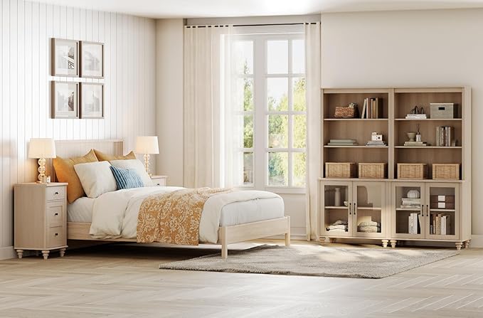 WAMPAT 5 Tier Bookshelf 72" Tall Bookcase with Glass Doors,Large Farmhouse Display Book Shelf with Adjustable Shelves and Storage Cabinet，Library Wood Bookshelves for Living Room,Kitchen, Light Oak