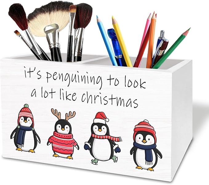 Christmas Funny Penguin Pen Holder for Desk, It's Penguining to Look Like Christmas Wooden Box Sign Desk Decor for Home Office Decoration, Holiday Xmas Pencil Organizer, Penguin Gifts