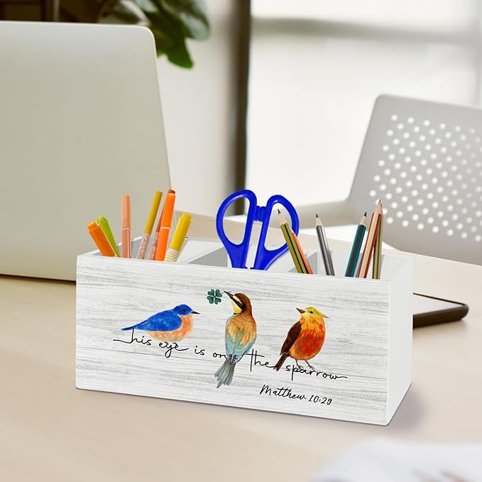 Christian Bird Pen Pencil Holder Organizer for Desk Accessories, Religious Bible Verse Scripture Wooden Box Sign Desk Decor for Home Office Decoration, Bird Lover Gifts