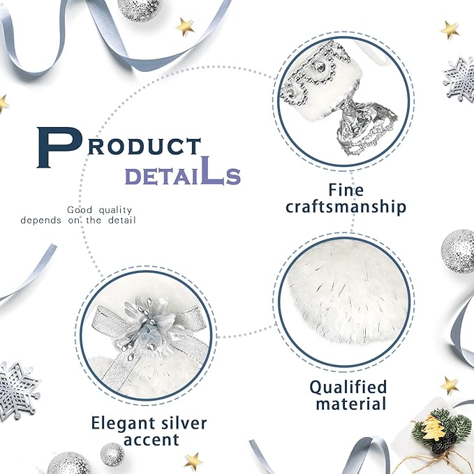 Nature Vibe Set of 18 Faux Fur White Christmas Ornaments in Gift Box,Ornament Balls and Hanging Stars with Silver Accent as Christmas Tree Decorations or Winter Wonderland Decorations