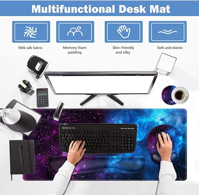 ARTSO Large Mouse Pad and Keyboard Wrist Rest, Ergonomic Mouse Pad with Wrist Support, Non-Slip Desk Mat Protector for Office, Home -Blue Purple Cosmic Nebula