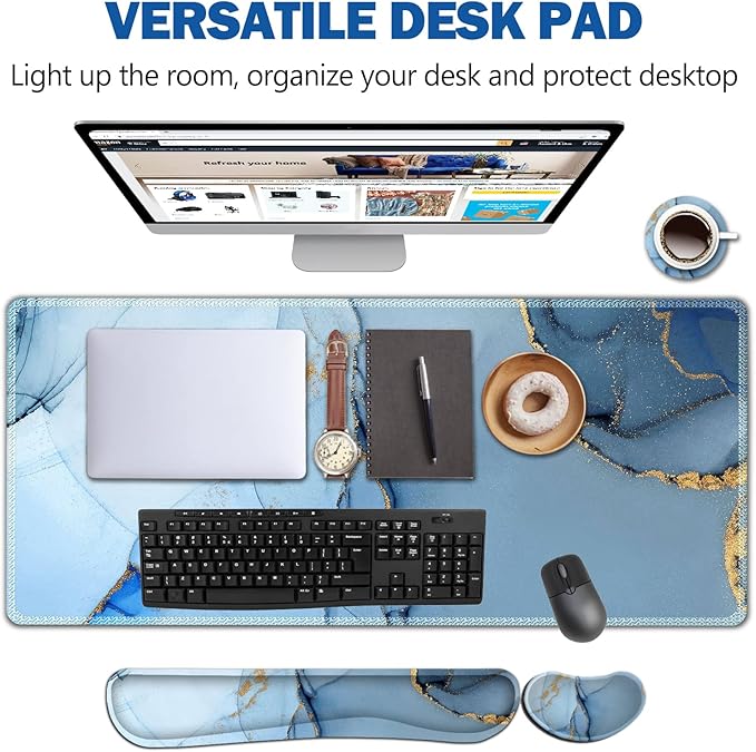 AIMSA Large Gaming Mouse Pad Set, Keyboard Wrist Rest Support Mouse Pad, Ergonomic Memory Foam Multifunctional Extended Desk Mat 35x15.7in Anti-Slip Rubber Base for Office Home, Blue Marble