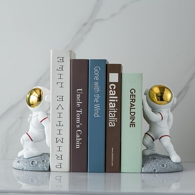 Space Theme Bookends for Shelves, Astronaut Moon Book Ends for Kids Room, Decorative Planet Book Stoppers to Hold Books Heavy Duty, Unique Boys and Girls Gift (Gray)