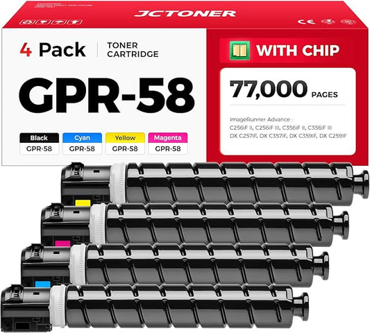 GPR-58 GPR58 High Yield Toner Cartridge 4-Pack Replacement for Canon ImageRunner Advance C256iF II C256iF III C356iF II C356iF III DX C257iF C357iF C359IF C259IF Printer Ink Black Cyan Magenta Yellow