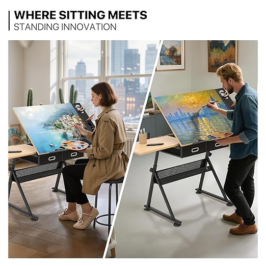 MoNiBloom Adjustable Drafting Table & Stool Set with Storage, Versatile Art Desk and Craft Center Home Study Room Artist Desk
