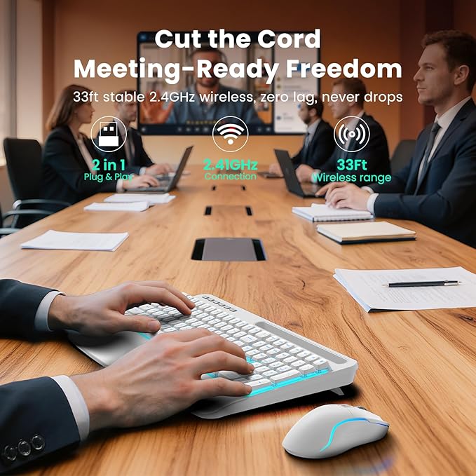 White Keyboard and Mouse Wireless Combo, 4000mAh Rechargeable Backlit Quiet Keyboards mice set, USB Ergonomic Key Board with Wrist Rest & Phone Holder for PC, Mac, Windows, Natural Soft Typing—SABLUTE