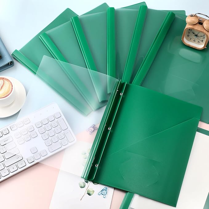 Patelai 48 Pcs Plastic Folders with 2 Pockets and 3 Prongs Home Folders with Card Slot Letter Size Heavy Duty Report Covers for Back to School(Green,Simple Style)