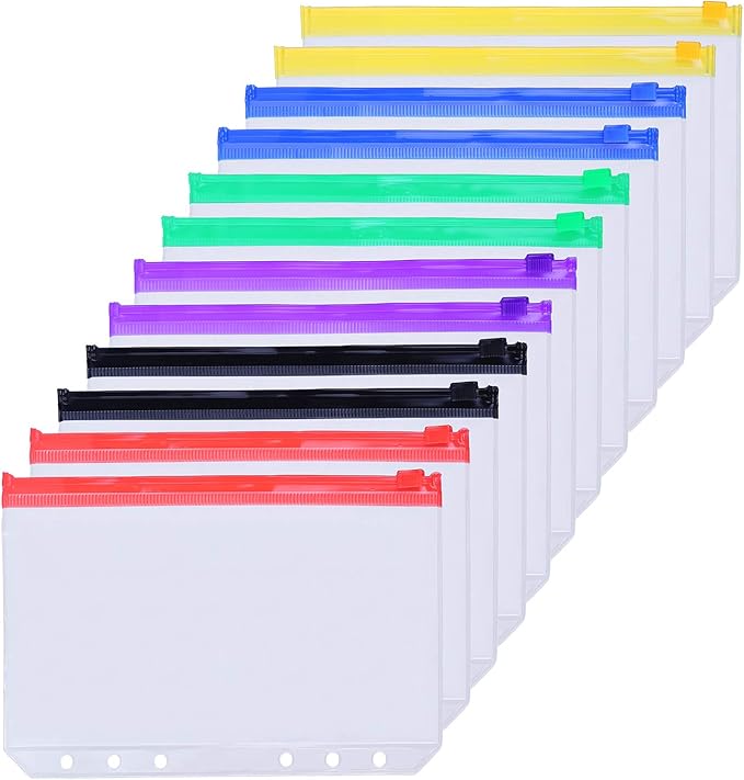 Antner 12PCS A5 Binder Pockets 6-Hole Budget Cash Envelopes for A5 6-Ring Binder, Multicolor Zipper Pouches for Planner Inserts, Money Organizer Bags Savings Challenge Envelopes for Cash Stuffing