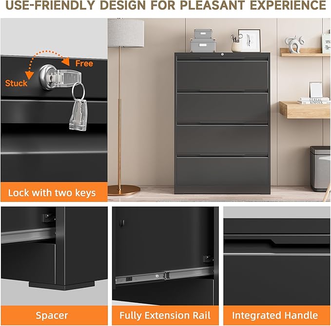 File Cabinet, 4 Drawer Metal File Cabinet with Lock, Lateral File Cabinet for Home and Office, Lateral File Cabinet for A4 Legal/Letter Size, Assembly Required (Black, 4 Drawer)