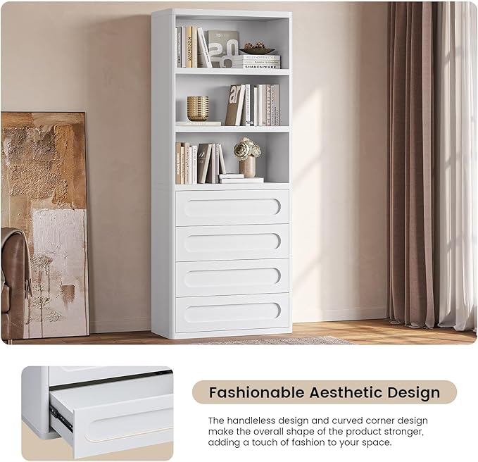 Bookcase with 4 Drawers, 72.1" Tall Bookshelf with 3 Storage Shelves, Large Bookshelves Cabinet for Living Room, Bedroom, Home Office (White)