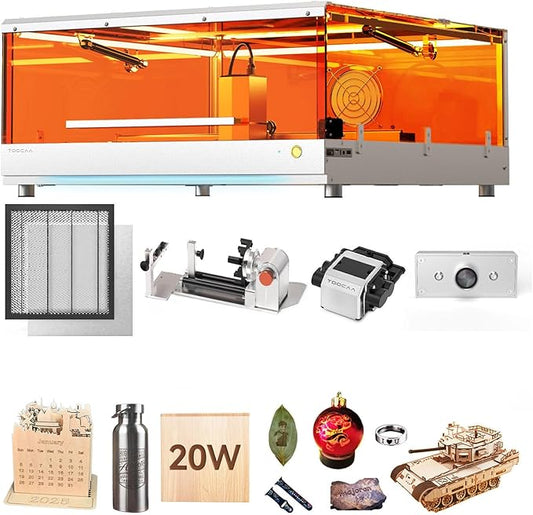 TOOCAA 20w Laser Engraver with 5 in 1 Rotary Roller Set, Smart Camera,Air Assist,Honeycomb Panel, 22" x 22" Bed Size,Safe Laser Engraving Cutting Machine Expert for Metal Tumblers Wood Acrylic