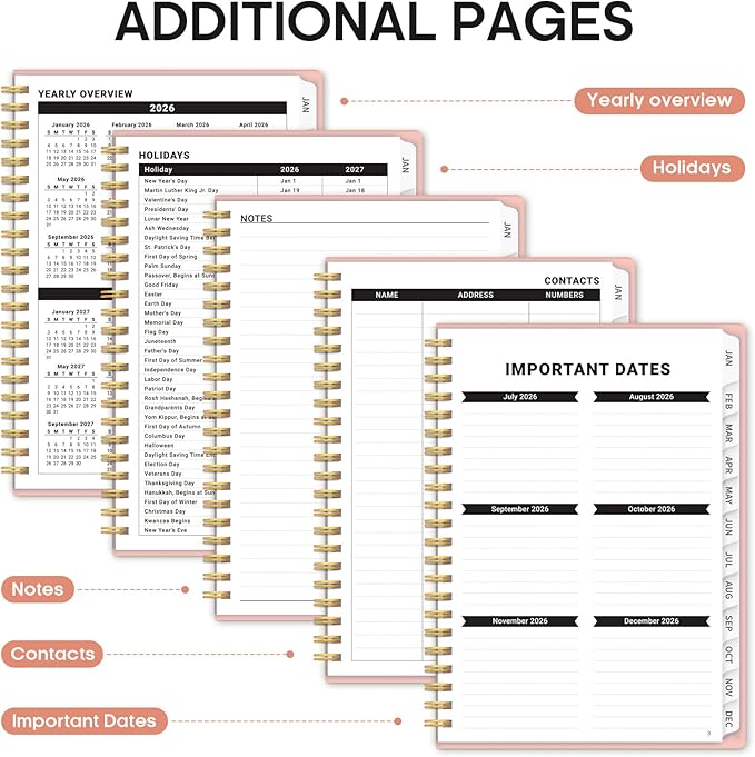 2026 Planner, Weekly and Monthly Calender Planner, Jan 2026 to Dec 2026, Hardcover 2026 Calendar Planner Book with Tabs & Inner Pocket, Office Home School Supplies for Women & Men - A5 (6.3" x 8.5"), Pink