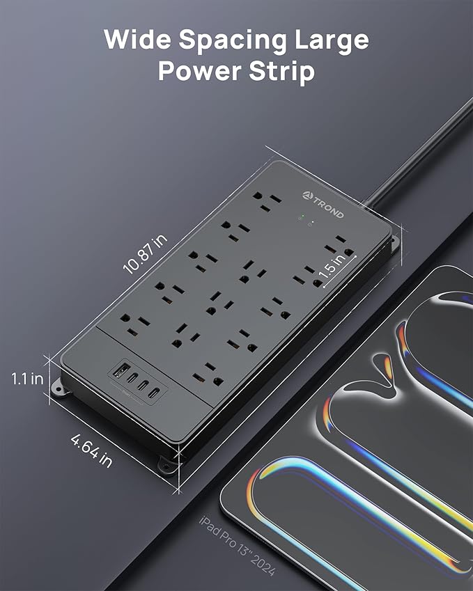 TROND 360° Rotating Flat Plug, Surge Protector Power Strip, 13AC Widely Spaced Outlets Expansion with 3 USB C Ports, 4000J, 5ft Extension Cord Heavy Duty, Wall Mount, Under Desk, ETL Listed, Black