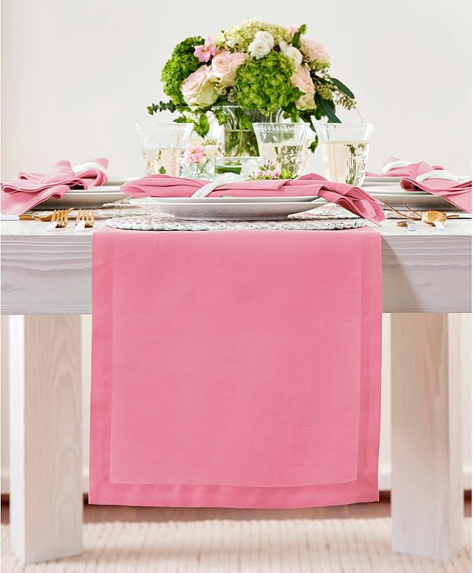 Solino Home Linen Pink Carnation Table Runner 60 Inches - 100% Pure Linen Short Table Runner 14 x 60 Inch Ideal for Dresser and Coffee Tables - Fete