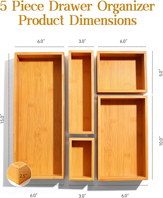Secura Kitchen Drawer Utensil Organizer Box Set 𝟱 𝗣𝗮𝗰𝗸, Bamboo Utensil Holder Cutlery Makeup Silverware Jewelry Flatware Organization Tray for Kitchen, Bathroom, Office and Living Room