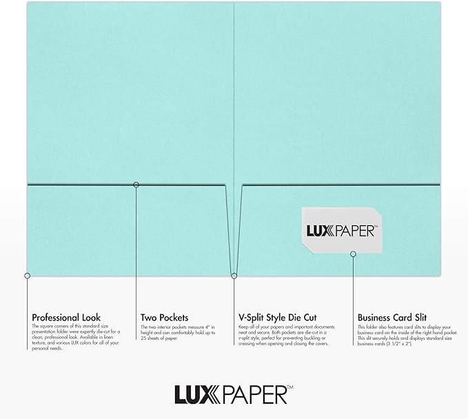 LUXPaper 9" x 12" Presentation Folders | Two Pocket | Seafoam Blue | 100lb. Cover | 25 Qty