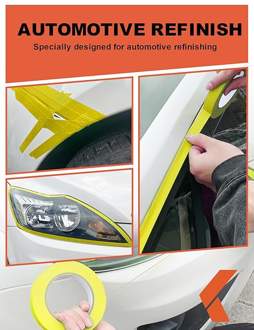 Painters Tape for Cars Vehicles Paint Tape Auto Body Yellow Masking Tape Heat Resistant Automotive Removable No Residue Painting Tape Bulk Set for Paint Booth, 0.94in-60 yards/12rolls
