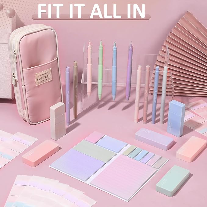 Janlaugh 38 Pcs Aesthetic College School Supplies with Pen Case Sticky Notes Gel Pens Highlighters Correction Tapes Back to School Stationery Kit(Macaron Color,Elegant)