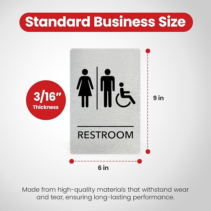 Promot Unisex Handicap Bathroom Sign – ADA Braille Restroom Sign for Business, Self-Adhesive, 9" x 6", Commercial Door Signage, Office Wall Decor - Brushed Steel