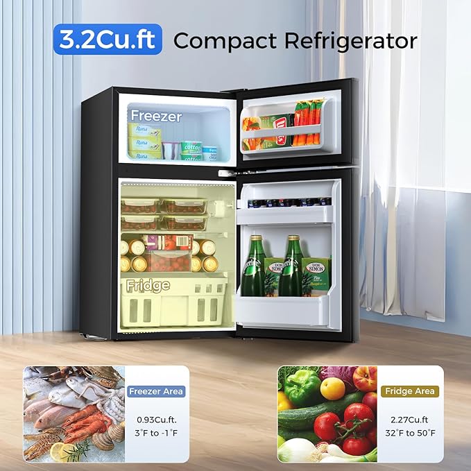 Kismile Mini Fridge with Freezer,3.2 Cu.Ft Compact Mini Refrigerator with Double 2 Door,Adjustable Temperature,Full Size for Home,Kitchen,Dorm,Apartment,Retro Black