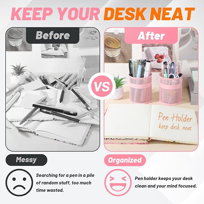 Segarty Pencil Holder, 6 Pack Pink Pen Holder, 3.3 x 3.9 inch Pencils Cups Holder, Round Metal Pens Container Organizer for Office Supplies, School Classroom, Makeup Brush, Home Storage