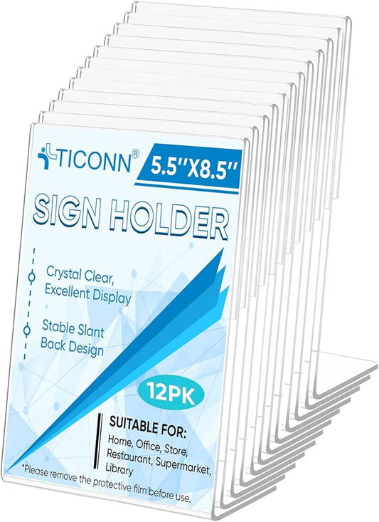 TICONN 5.5 x 8.5 Acrylic Sign Holder, L Shape Clear Sign Stand for Displaying, Plastic Paper Holder for Office, Store, Restaurant (Vertical 12 Pack)