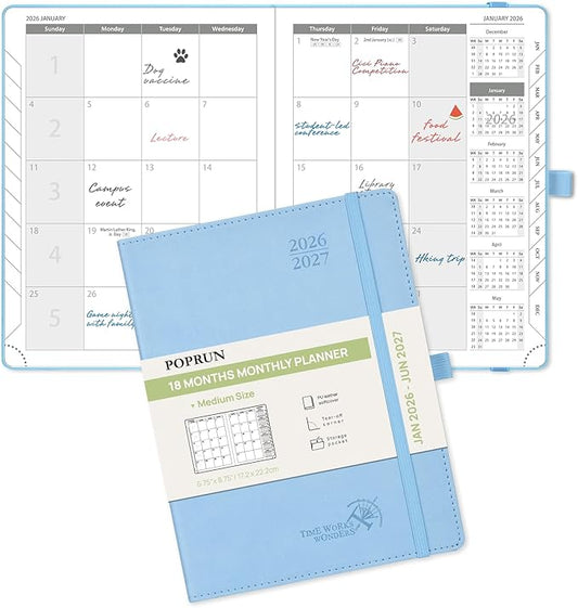POPRUN Monthly Planner 2026-2027 (Medium- 6.5'' x 8.5'' Soft Cover), 18-Month Calendar Book (Jan.2026 - Jun. 2027), Calendar Planner with Monthly Tabs & Pocket, 100 GSM Paper - Blue