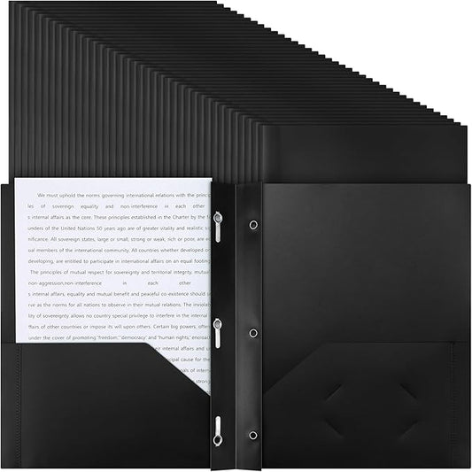 Patelai 48 Pcs Plastic Folders with 2 Pockets and 3 Prongs Home Folders with Card Slot Letter Size Heavy Duty Report Covers for Back to School(Black,Classic)