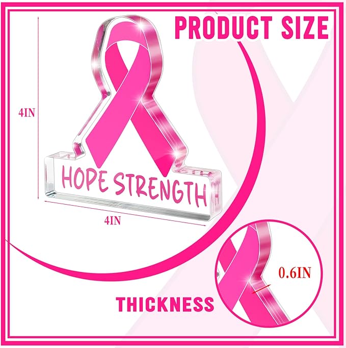 Pink Ribbon Breast Cancer Awareness Sign - 4x4 Inch "HOPE STRENGTH" Acrylic Desk Decor, Survivor Support Gift for Chemo Rooms, Offices, and Healing Spaces